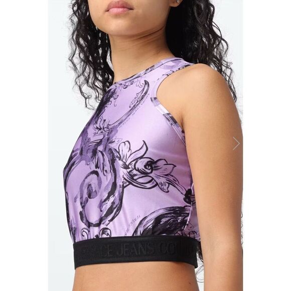 VERSACE JEANS COUTURE baroque-print cropped racerback top in Purple NWT Size 4 - Picture 1 of 6
